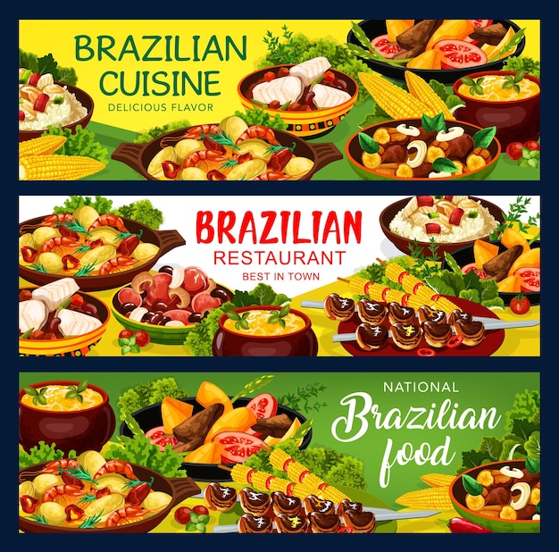 Vetor comida brasileira feijoada e menu de pratos de carne