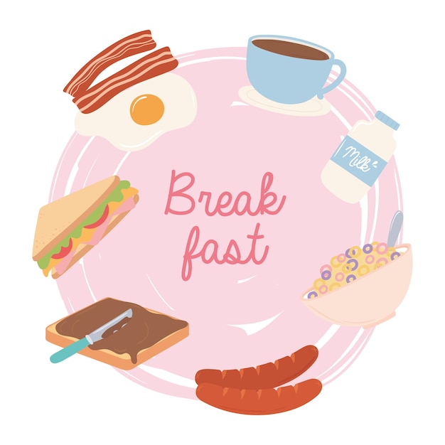 Comida de café da manhã ovo frito fresco bacon leite xícara de café sanduíche de salsicha ilustração