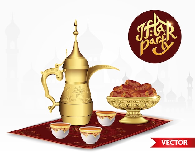 Vetor comida de festa ramadan iftar com bule árabe clássico e xícara, tigela de datas isoladas