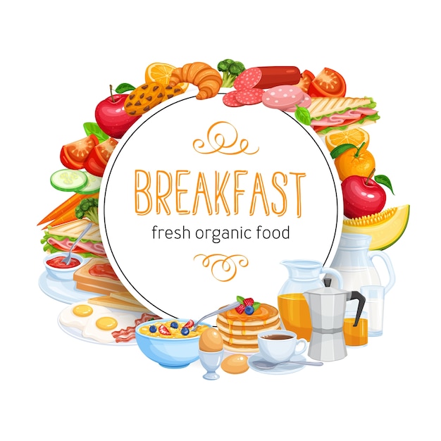 Comida de menu de modelo de banner redondo de café da manhã