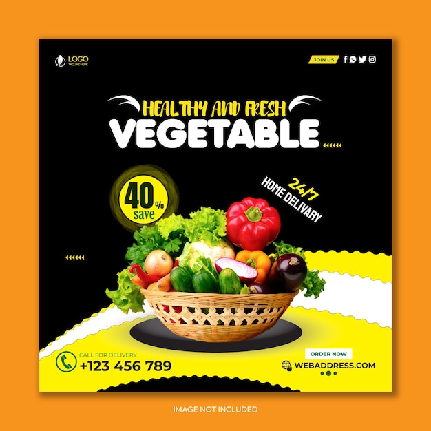 Vetor comida de mercearia e legumes instagram modelo de banner de promoção de postagem de mídia social