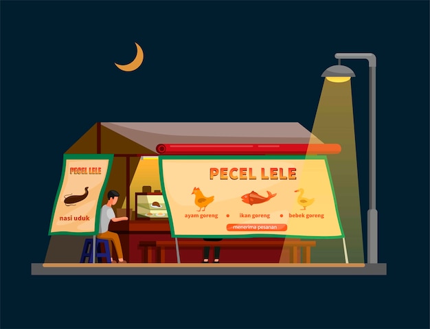 Comida de rua tradicional da indonésia vendendo bagre frito, também conhecido como pecel lele, em barraca de vendedor em cena noturna ilustração em desenho animado
