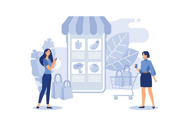 Comida de varejo, loja para online. Mulher faz compras via telefone online, escolhendo o produto. Carrinho de compras