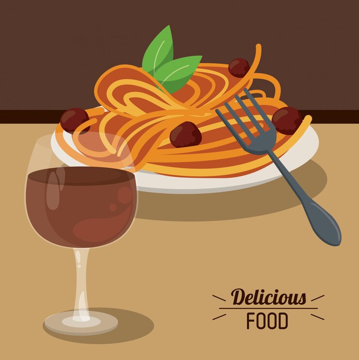 Vetor comida deliciosa com espaguete e bolacha de vidro