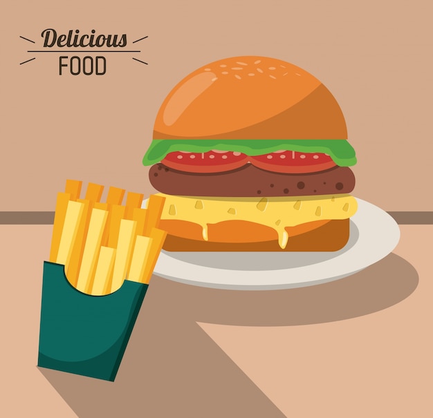 Comida deliciosa fast burger e batata frita