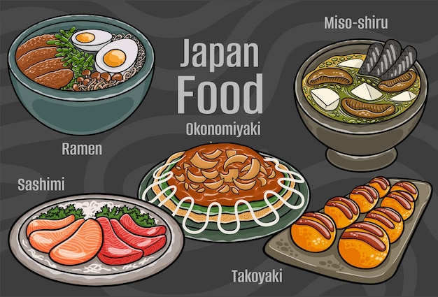 Comida do Japão Um conjunto de pratos clássicos Ilustração desenhada à mão dos desenhos animados