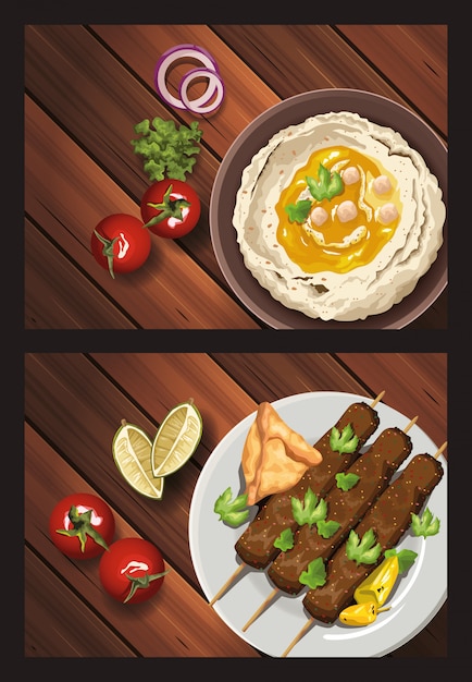Vetor comida do oriente médio na ilustração da mesa de madeira