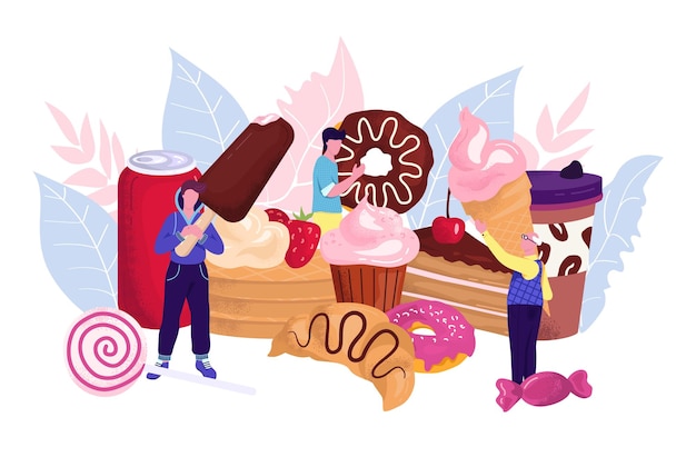 Comida doce doces deliciosos e ilustração vetorial de pastelaria fresca bolo de chocolate croissant sorvete biscoitos e rosquinhas