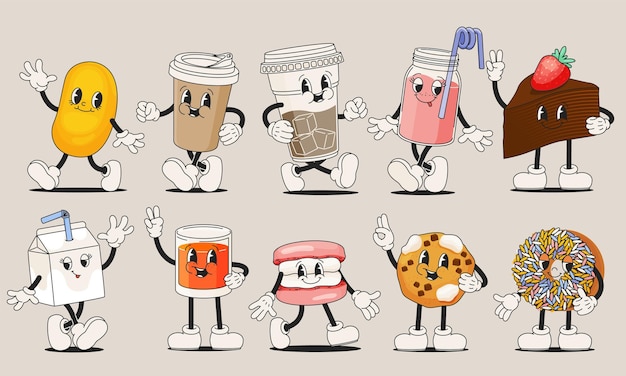 Comida e bebida de desenhos animados retrô Personagens engraçados de bebidas coloridos ícones de bebidas alcoólicas dos anos 80