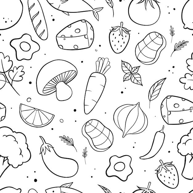 Vetor comida e produtos hortícolas doodle padrão sem emenda