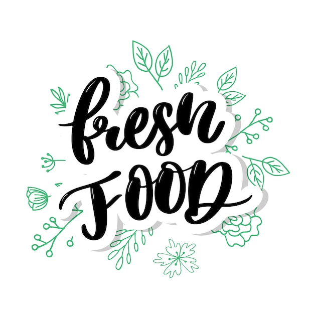 Vetor comida fresca letras caligrafia carimbo de borracha verde
