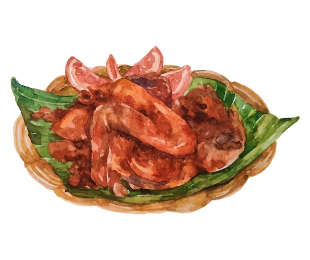 Comida indonésia de frango frito em aquarela