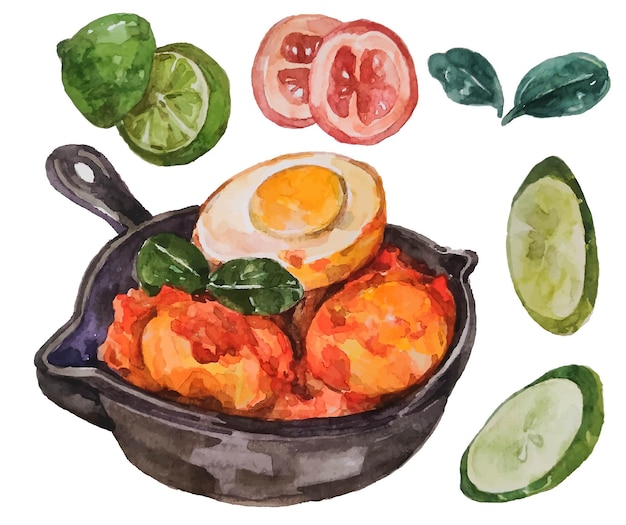 Comida indonésio balado telur em aquarela