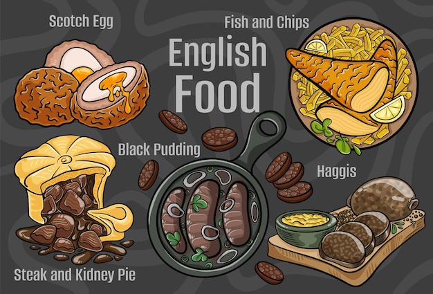 Comida inglesa Um conjunto de pratos clássicos Ilustração desenhada à mão dos desenhos animados