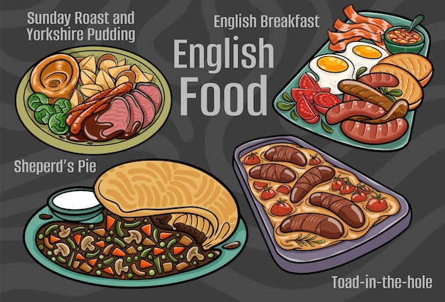 Comida inglesa um conjunto de pratos clássicos ilustração desenhada à mão dos desenhos animados