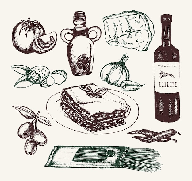 Comida italiana - composição ilustrativa desenhada à mão do vetor. azeitona realista, azeite, alho, vinagre, macarrão, tomate, pimenta picante, queijo, amêndoa, lasanha
