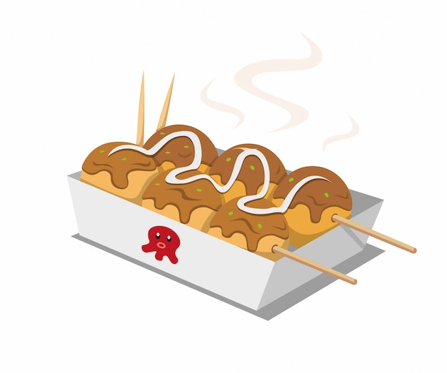 Comida japonesa de rua takoyaki na ilustração isométrica dos desenhos animados, isolada no fundo branco