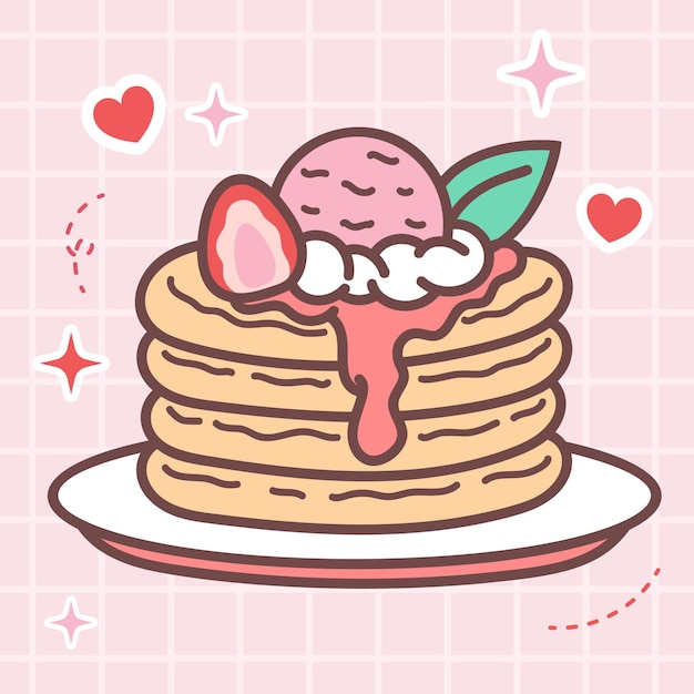 Vetor comida kawaii de ilustração vetorial de panqueca doce de morango fofa com adesivo de mangá de anime japonês