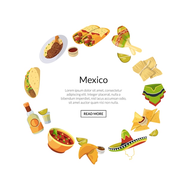 Comida mexicana dos desenhos animados em forma de círculo, com lugar para ilustração de texto