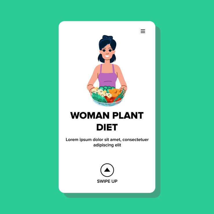 Vetor comida mulher planta dieta vetor estilo de vida refeição saudável vegan saúde vegetais comida mulher planta dieta web ilustração plana dos desenhos animados