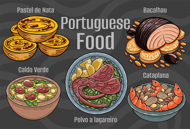 Comida portuguesa Um conjunto de pratos clássicos Ilustração desenhada à mão dos desenhos animados