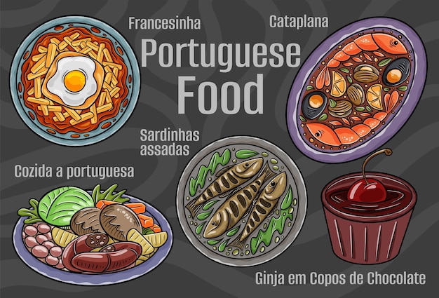 Comida portuguesa Um conjunto de pratos clássicos Ilustração desenhada à mão dos desenhos animados