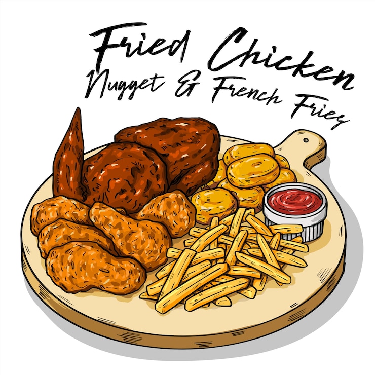 Vetor comida rápida desenhada à mão frango frito nuggets de frango e batatas fritas em placa de madeira ilustração