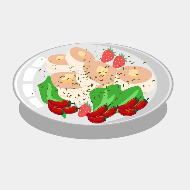Comida saudável asiática. O camarão, bolo, ovo, vegetal.
