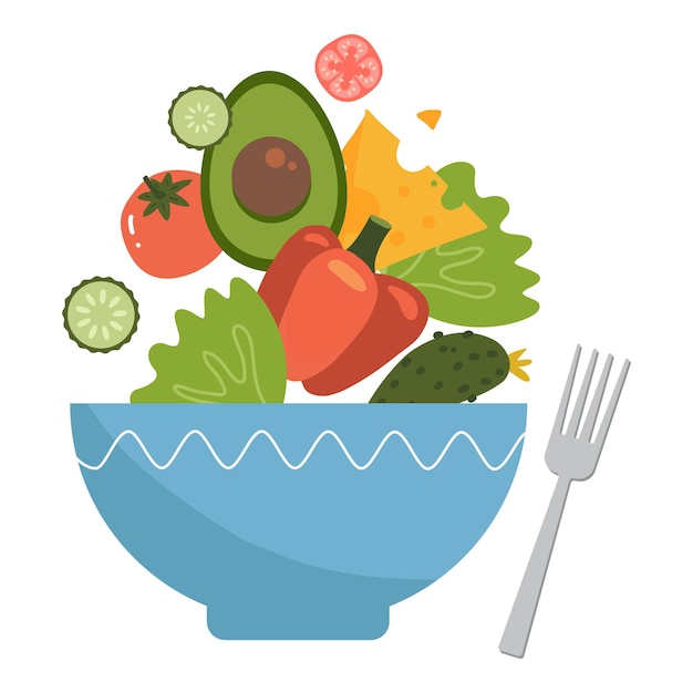 Comida saudável, salada de legumes saindo de um elemento de tigela grande, ilustração plana