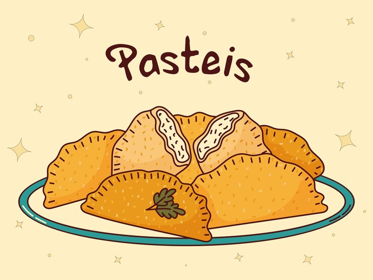 Vetor comida tradicional brasileira pasteis vector ilustração em estilo desenhado à mão