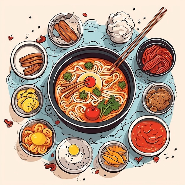 Vetor comida vetor ilustração asiática restaurante macarrão ramen refeição japão chinês menu gráfico