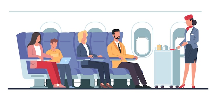 Vetor comissária de bordo servindo bebidas aos passageiros a bordo stewardess em uniforme azul com carrinho de aviação interior de bordo de avião conceito de vetor isolado de estilo plano de desenho animado de transporte aéreo