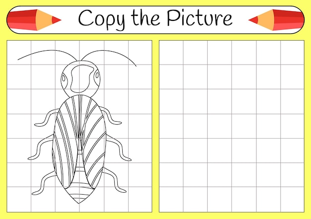 Como desenhar um beatle Passo a passo, use o desenho de aprendizado de grade Tutorial de desenho Lição para crianças Página para colorir para livro Página de arte educacional para crianças Ilustração vetorial