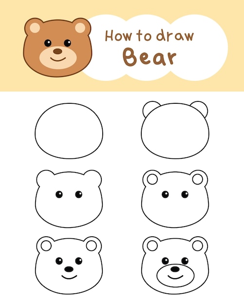 Como desenhar um bonito desenho animado de urso passo a passo para aprender educação infantil livro de coloração