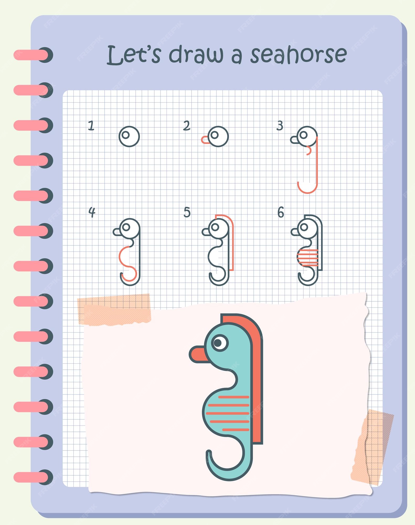 Aula de desenho para crianças como desenhar um cavalo marinho tutorial de  desenho passo a passo repete a imagem página de atividades para crianças  para livro ilustração vetorial