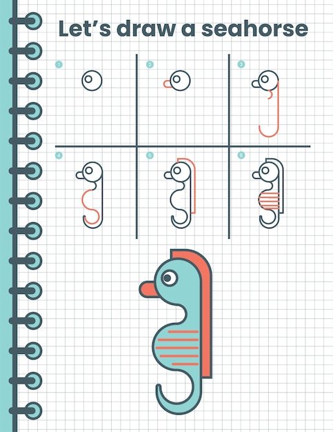 Aula de desenho para crianças como desenhar um cavalo marinho tutorial de desenho  passo a passo repete a imagem página de atividades para crianças para livro  ilustração vetorial