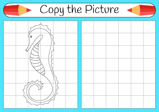 Como desenhar um cavalo-marinho passo a passo, use o desenho de aprendizado de grade tutorial de desenho lição para crianças página para colorir para livro página de arte educacional para crianças ilustração vetorial