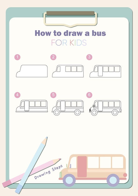 Vetor como desenhar um ônibus. etapas fáceis de desenho para modelo de vetor infantil