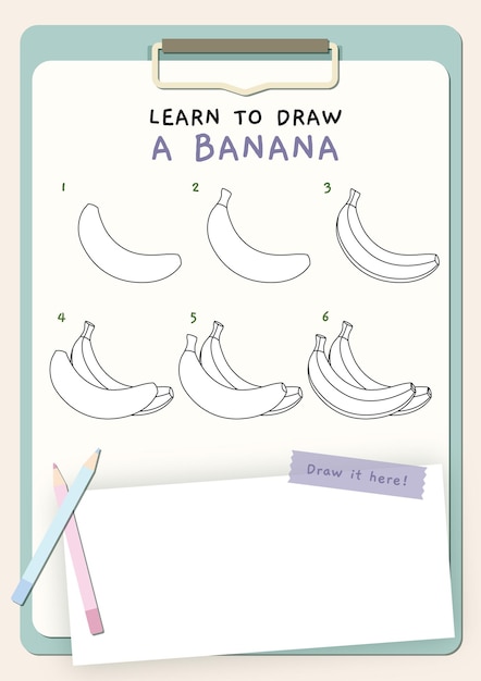 Como desenhar uma banana. passos de desenho para crianças. aprenda a desenhar. imprimível para atividades infantis