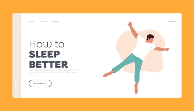 Como dormir melhor modelo de landing page personagem masculino pose de dormir na cama vista superior homem usar pijama cochilo nas costas