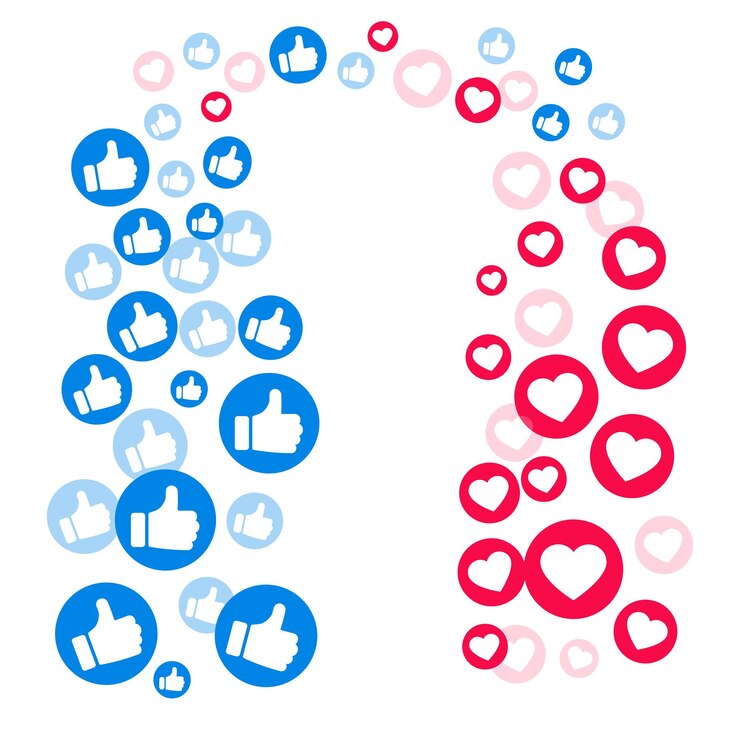 Vetor como e fundo de vetor de ícones de coração para modelo de design de bate-papo por vídeo de transmissão ao vivo redes sociais polegar azul para cima como e botões de web flutuantes de coração vermelho isolados no fundo branco