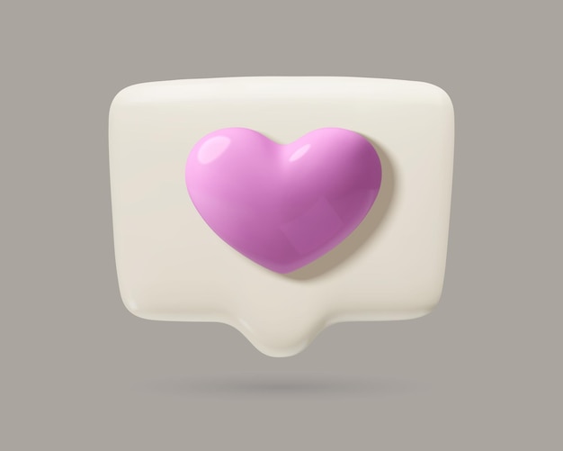 Como notificação ou ícone de mensagem romântica com bolha de fala realista em 3d e coração rosa pálido