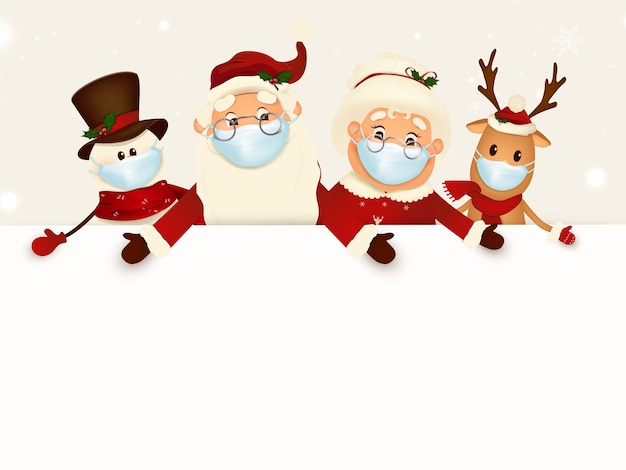 Companheiros de personagem de desenho animado de Natal com grande tabuleta em branco
