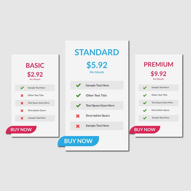 Vetor comparação moderna e design de modelo de tabela de preços do site