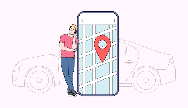 Vetor compartilhamento de carro e conceito de aplicativo online. jovem perto da tela do smartphone com rota e ponto de localização em um mapa da cidade com carro