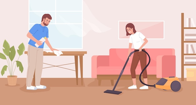 Compartilhando as responsabilidades domésticas ilustração vetorial de cores planas