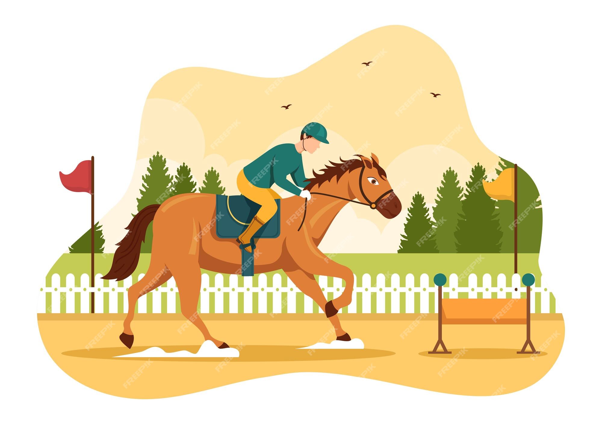 eventos equestres. ilustração de um cavalo com um cavaleiro pulando a  barreira das cabanas de madeira. um cavaleiro em um cavalo salta sobre um  obstáculo contra uma ilustração vetorial plana de nuvem