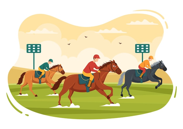 Competição de corridas de cavalos em um hipódromo com esporte de desempenho equestre e cavaleiro na ilustração