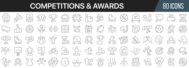 Competições e coleção de ícones de linha de prêmios grande ícone de interface do usuário definido em um design plano pacote de ícones de contorno fino ilustração vetorial eps10