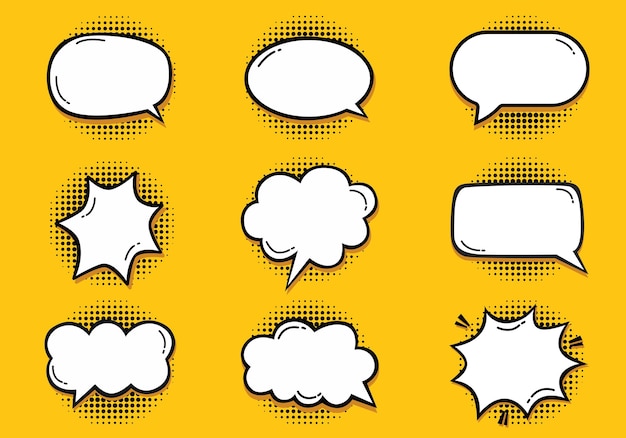 Compilação de bolhas elementos de conversação retrô desenhados à mão ilustração vetorial de estilo pop art